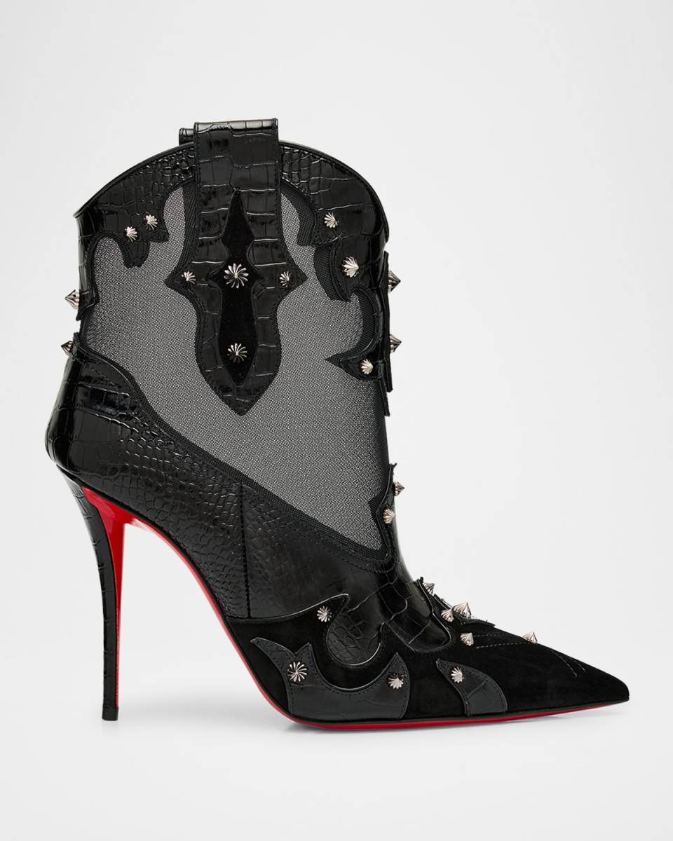 Bootytiag Croc-Embossed Leather and Mesh Red Sole Western Booties